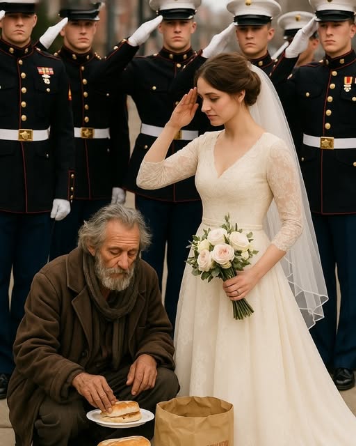 For 6 years, a young baker left warm food for a quiet homeless man, never asking his name! On her wedding day, 12 Marines arrived in full uniform, and something unexpected happened