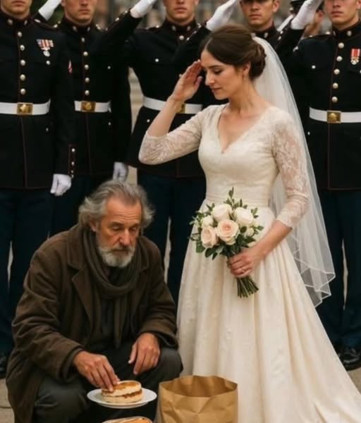 For 7 years, a young baker left warm food for a quiet homeless man—never asking his name! On her wedding day, 12 Marines arrived in full uniform… and the whispers turned into salutes!
