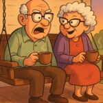An elderly couple, Bert and Edna, are sitting on the porch swing