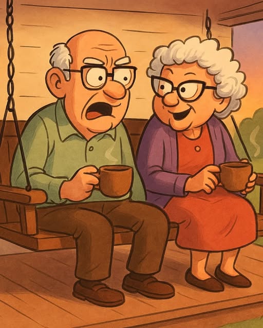 An elderly couple, Bert and Edna, are sitting on the porch swing